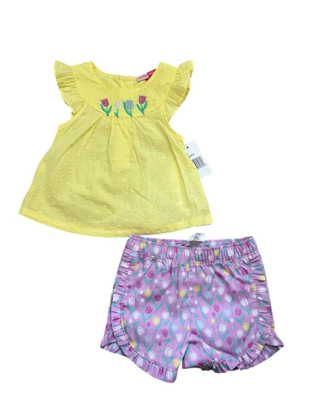 Penelope mack Tulip Embroidered yellow Sleeve Top & Purple Print Shorts Set